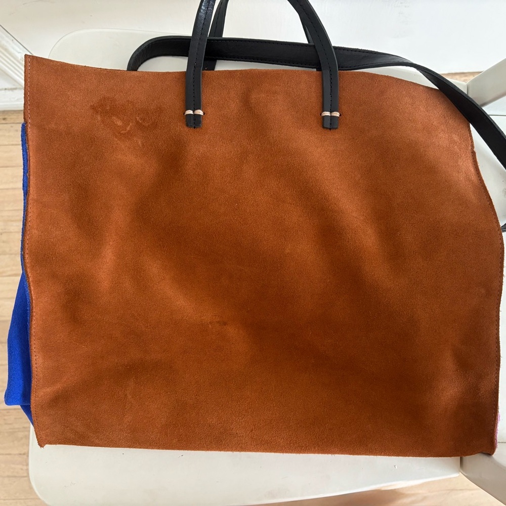 Clare V. Suede Colorblock Tote – Brown / Cobalt / Lilac